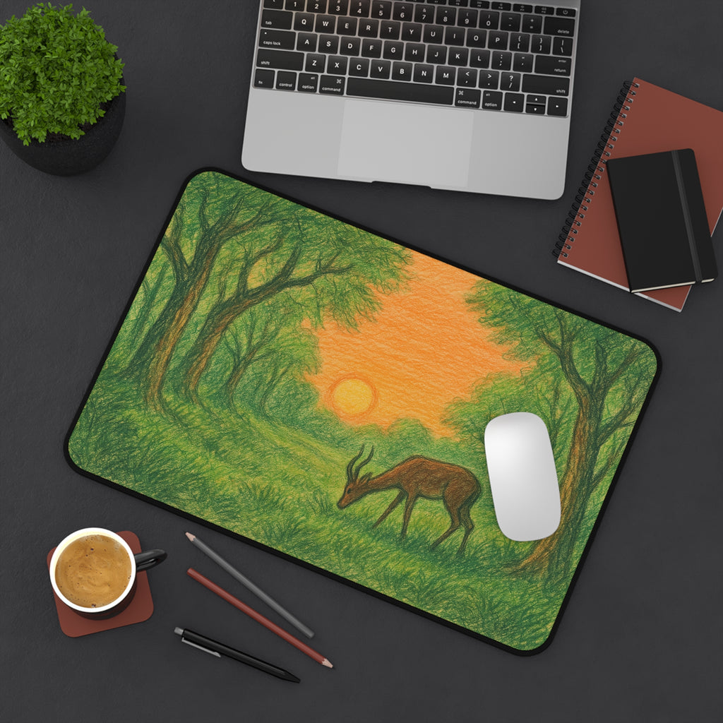 Gazelle at Sunset forest scene Desk Mat | Woodland sunrise illustration