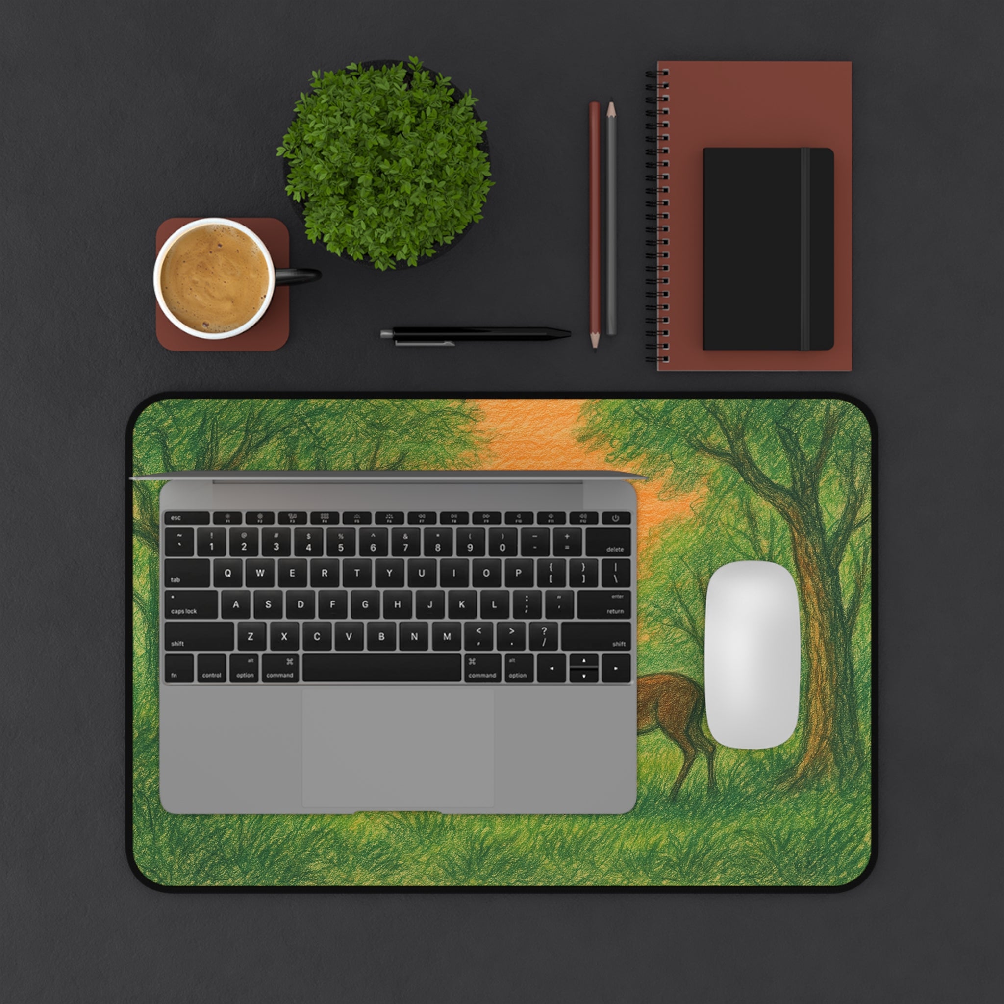 Gazelle at Sunset forest scene Desk Mat | Woodland sunrise illustration